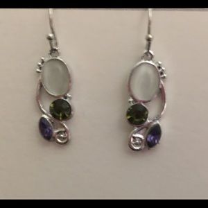 SILVER EARRINGS, purple,green, white stones.fun .